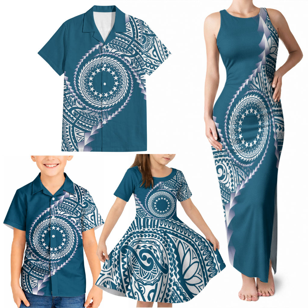 Cook Islands Gospel Day Family Matching Tank Maxi Dress and Hawaiian Shirt Blue Tribal Curves LT05 - Polynesian Pride