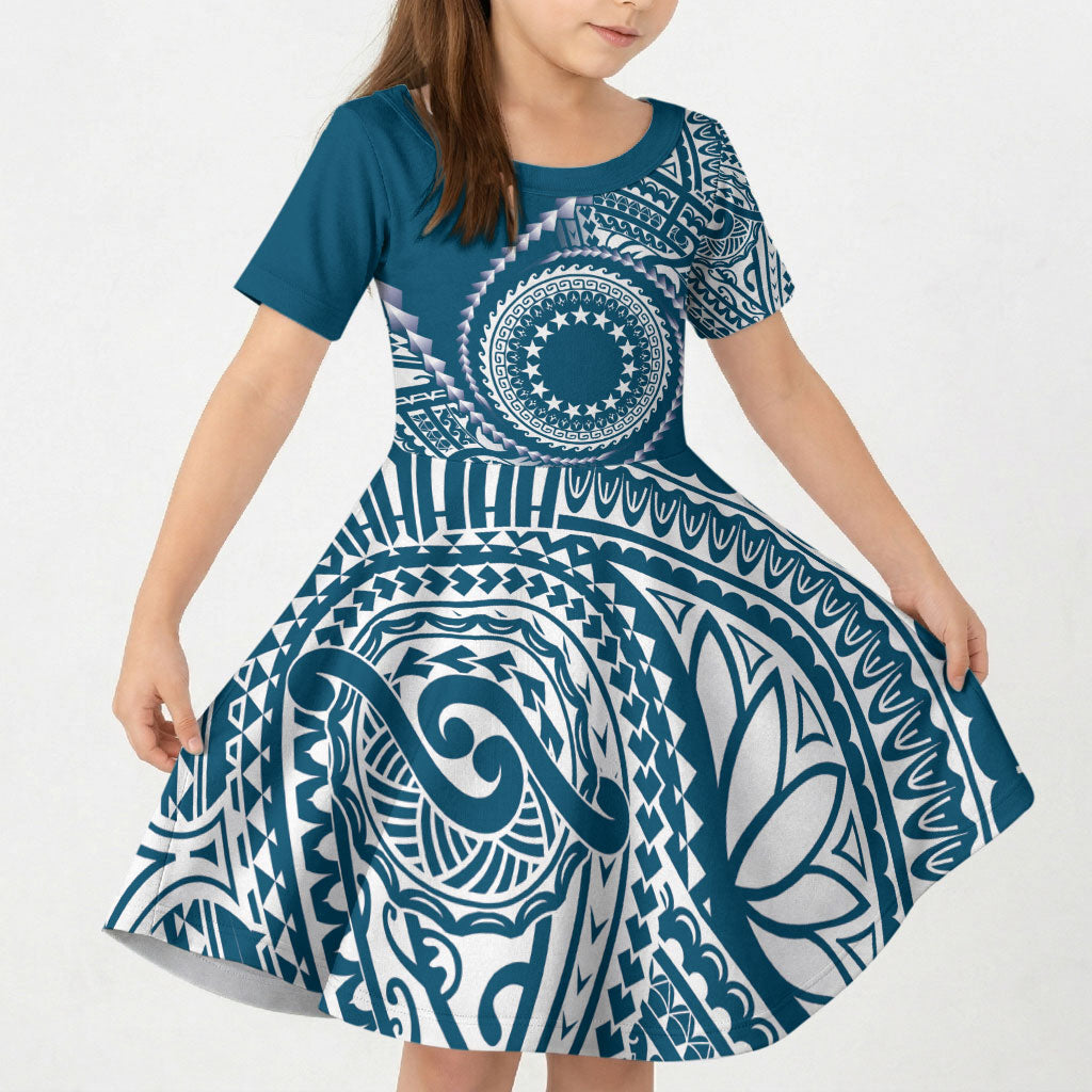 Cook Islands Gospel Day Kid Short Sleeve Dress Blue Tribal Curves LT05 KID Blue - Polynesian Pride