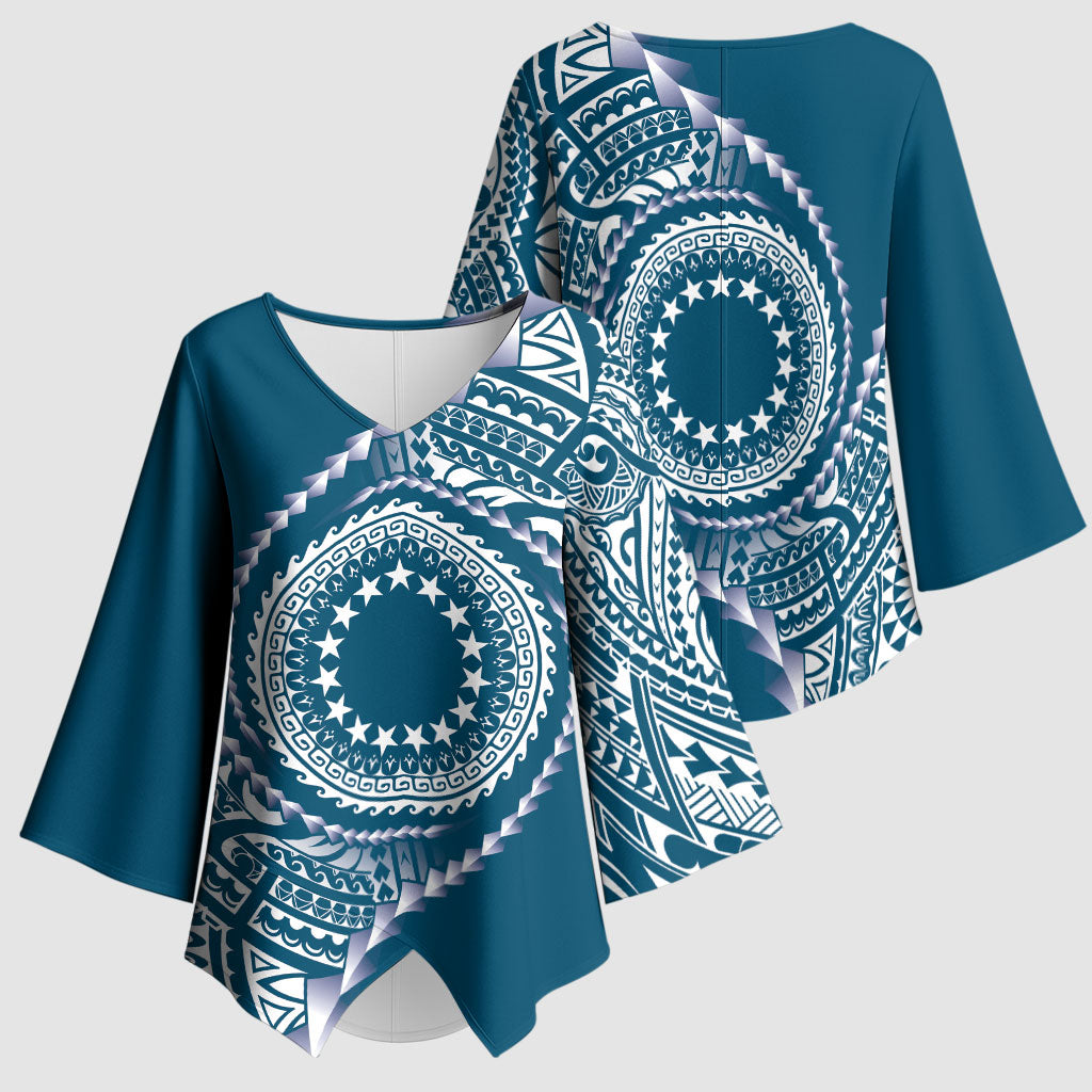 Cook Islands Gospel Day Kimono Sleeve Blouse Blue Tribal Curves