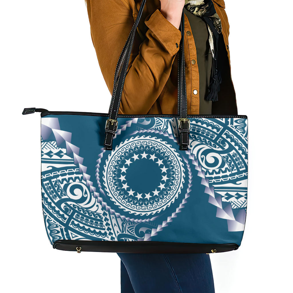 Cook Islands Gospel Day Leather Tote Bag Blue Tribal Curves