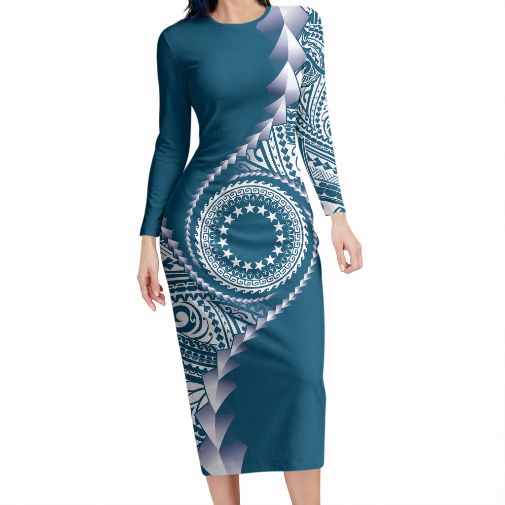 Cook Islands Gospel Day Long Sleeve Bodycon Dress Blue Tribal Curves LT05 Long Dress Blue - Polynesian Pride