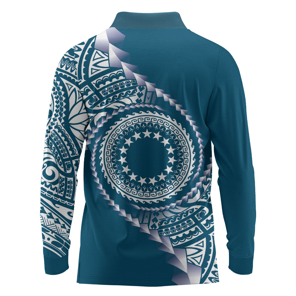 Cook Islands Gospel Day Long Sleeve Polo Shirt Blue Tribal Curves