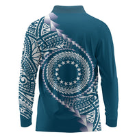 Cook Islands Gospel Day Long Sleeve Polo Shirt Blue Tribal Curves