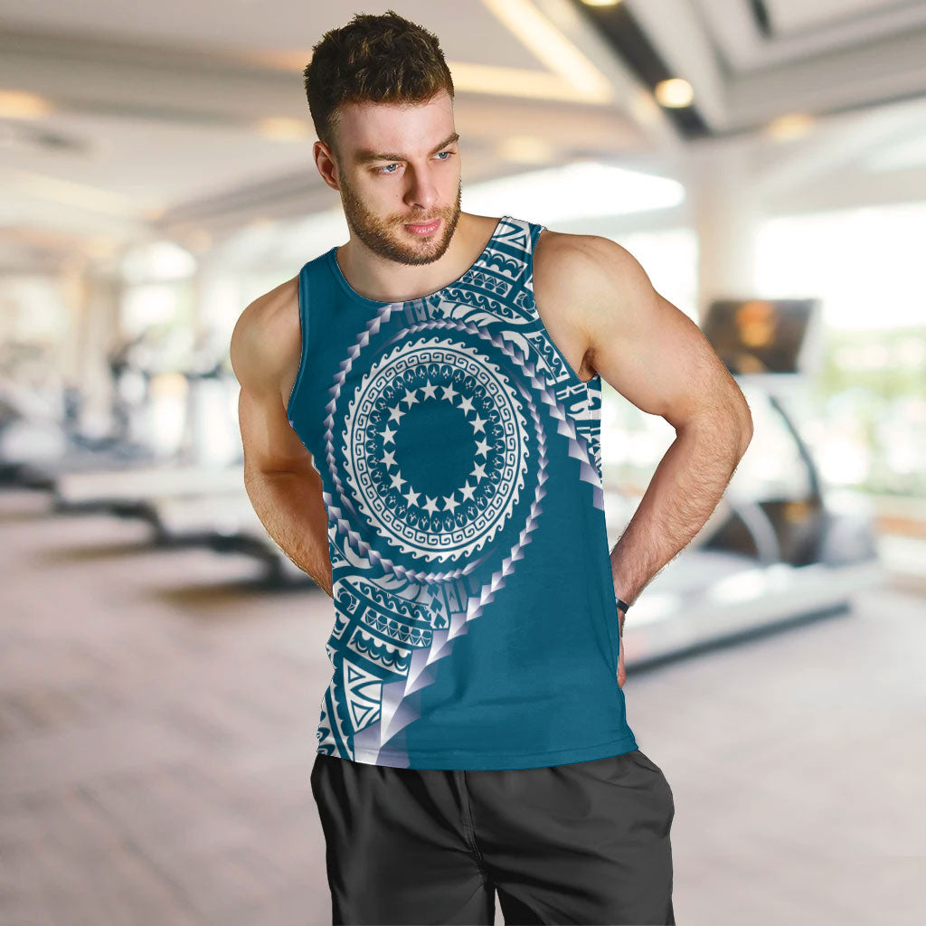 Cook Islands Gospel Day Men Tank Top Blue Tribal Curves LT05 Blue - Polynesian Pride