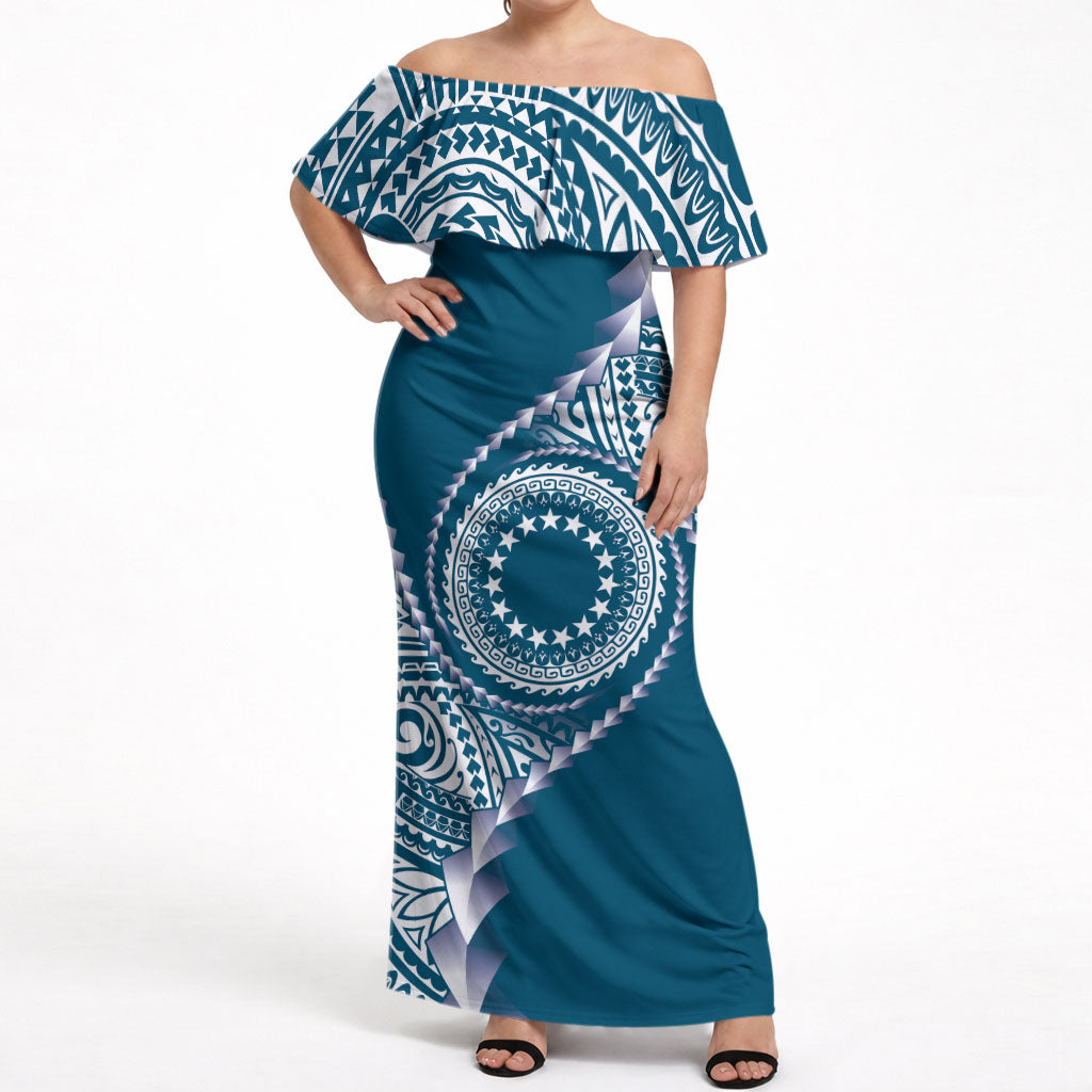 Cook Islands Gospel Day Off Shoulder Maxi Dress Blue Tribal Curves LT05 Women Blue - Polynesian Pride