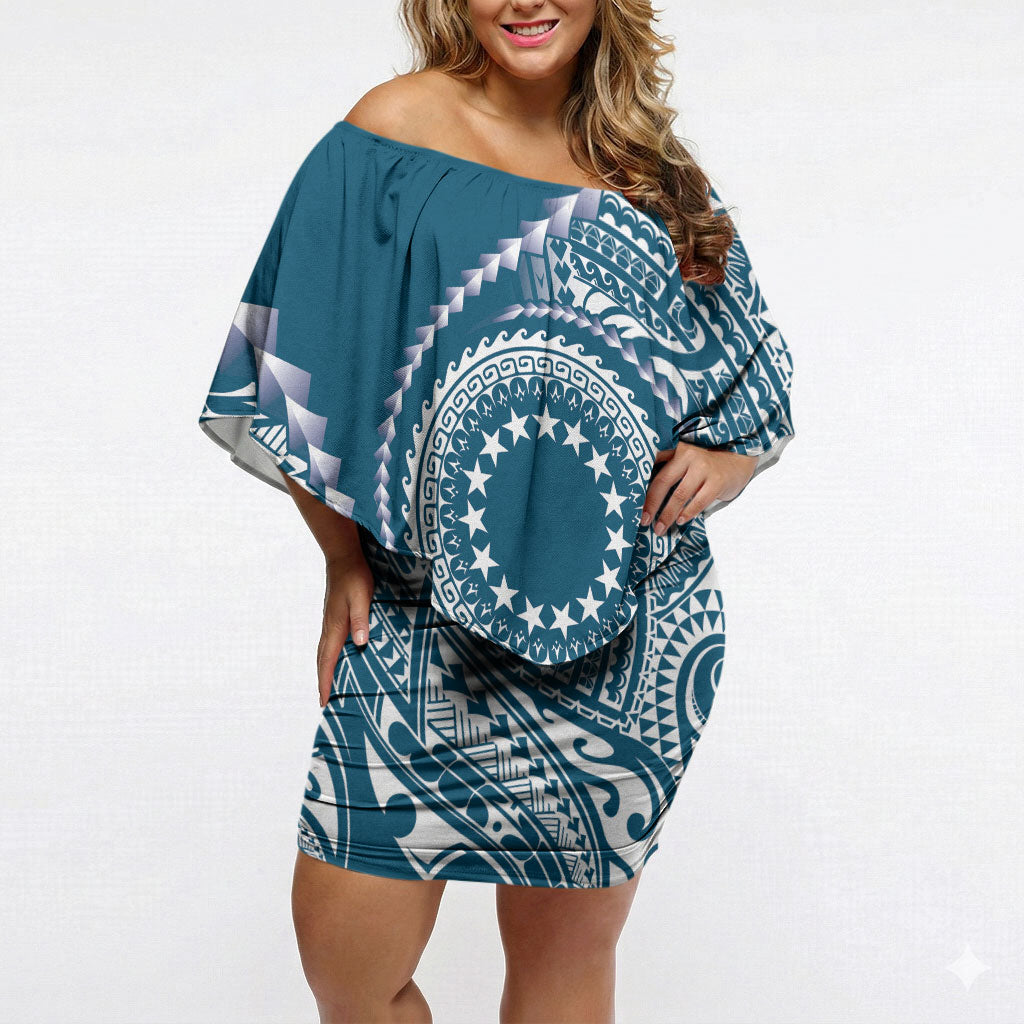 Cook Islands Gospel Day Off Shoulder Short Dress Blue Tribal Curves LT05 Women Blue - Polynesian Pride
