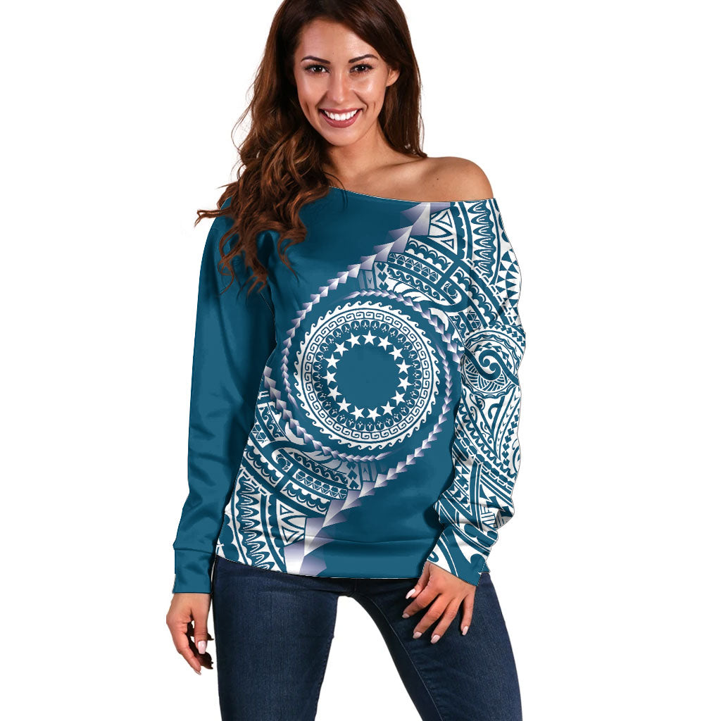 Cook Islands Gospel Day Off Shoulder Sweater Blue Tribal Curves LT05 Women Blue - Polynesian Pride