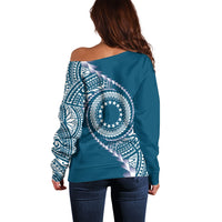 Cook Islands Gospel Day Off Shoulder Sweater Blue Tribal Curves