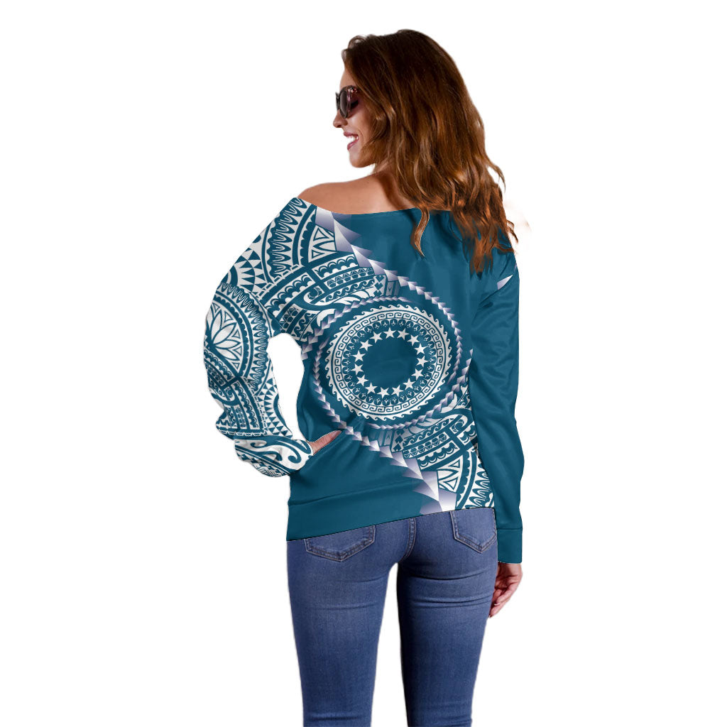 Cook Islands Gospel Day Off Shoulder Sweater Blue Tribal Curves