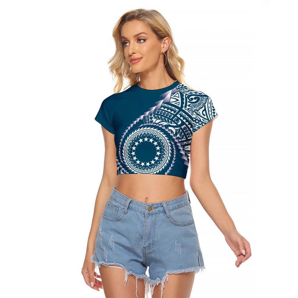 Cook Islands Gospel Day Raglan Cropped T Shirt Blue Tribal Curves LT05 Female Blue - Polynesian Pride