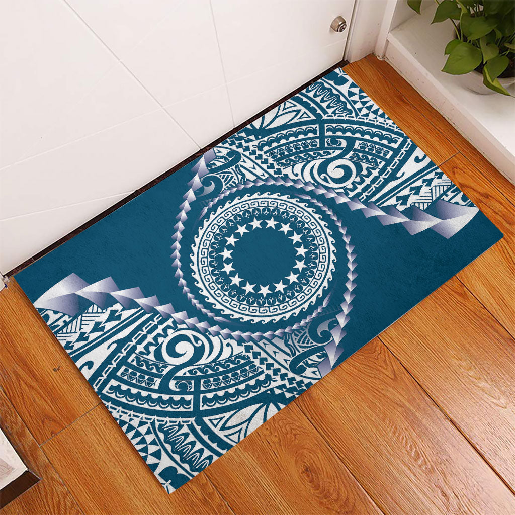 Cook Islands Gospel Day Rubber Doormat Blue Tribal Curves