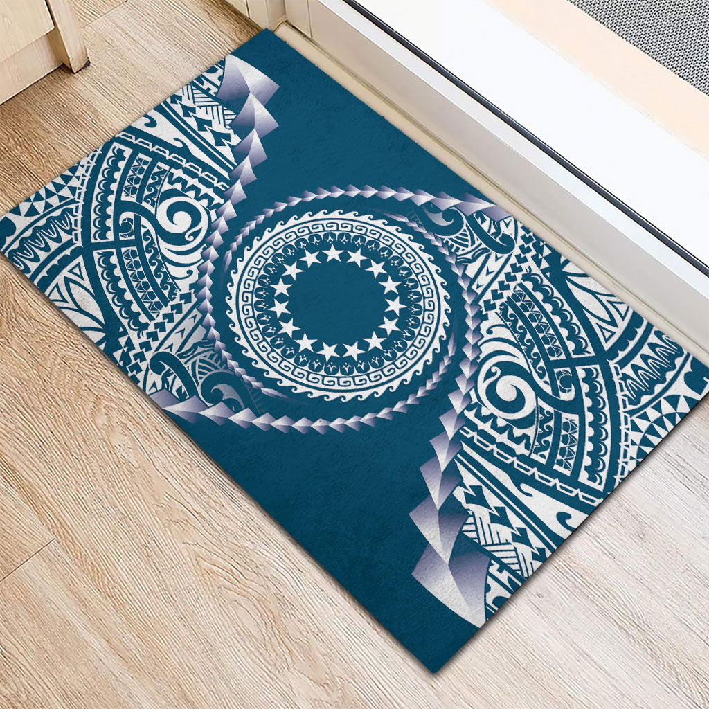 Cook Islands Gospel Day Rubber Doormat Blue Tribal Curves