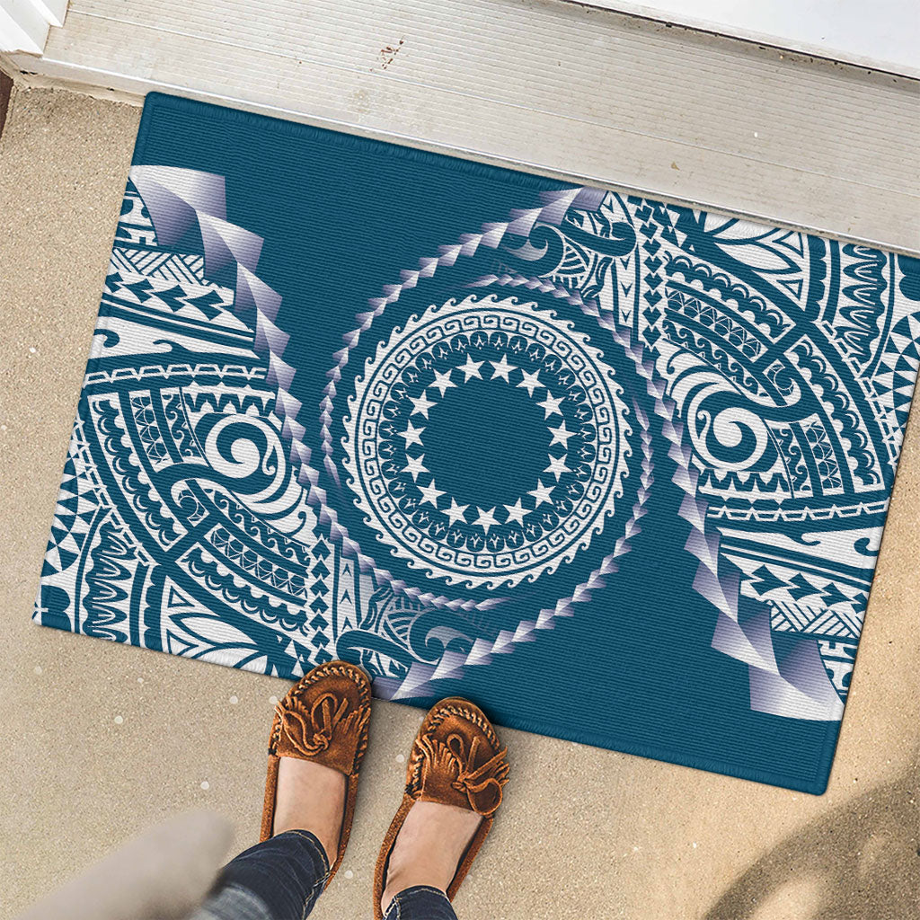 Cook Islands Gospel Day Rubber Doormat Blue Tribal Curves