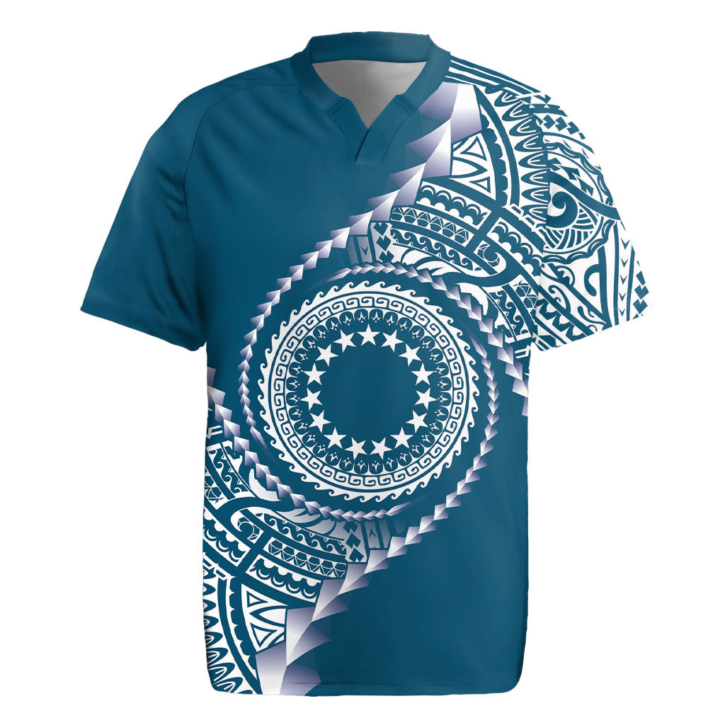 Cook Islands Gospel Day Rugby Jersey Blue Tribal Curves LT05 Blue - Polynesian Pride