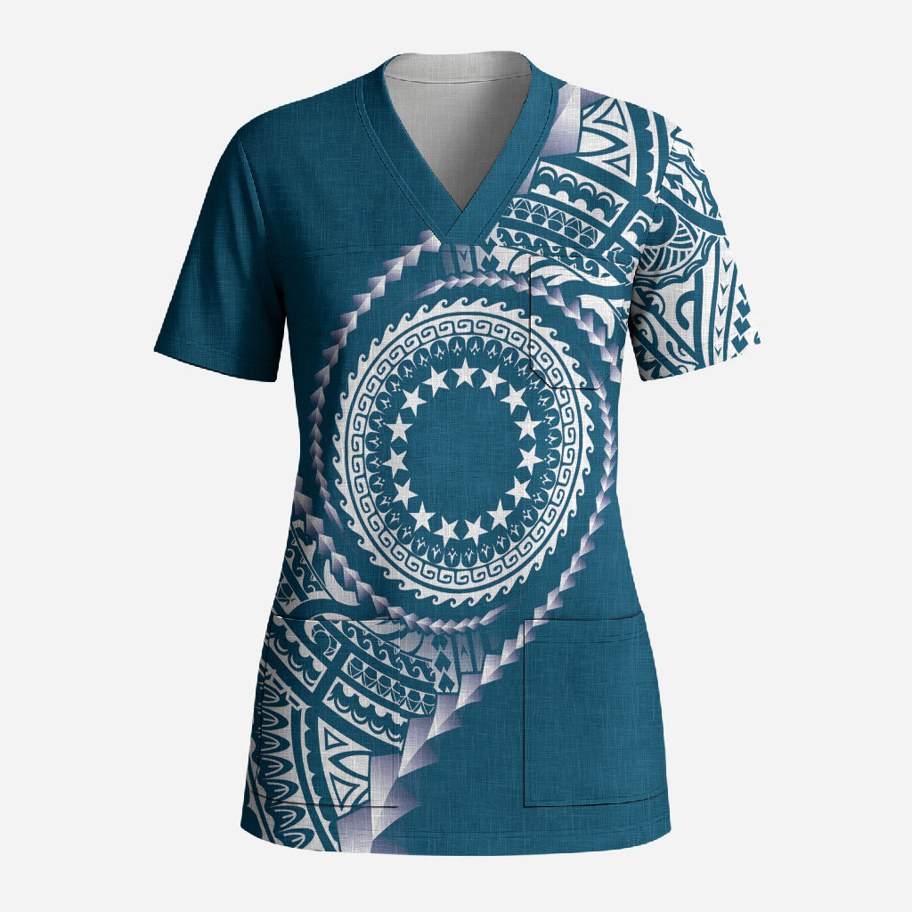 Cook Islands Gospel Day Scrub Top Blue Tribal Curves LT05 Adult Blue - Polynesian Pride