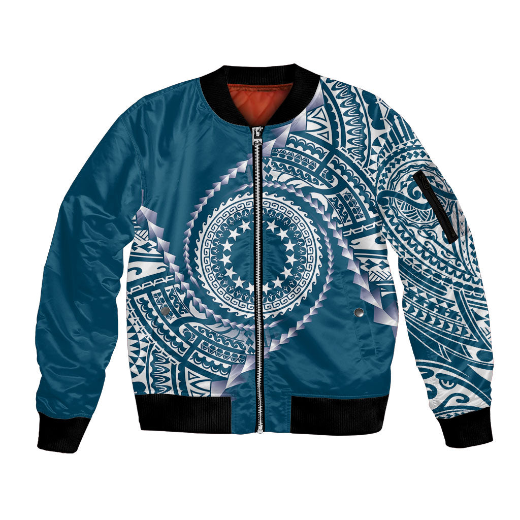Cook Islands Gospel Day Sleeve Zip Bomber Jacket Blue Tribal Curves LT05 Unisex Blue - Polynesian Pride