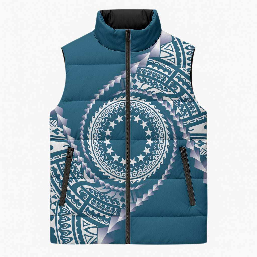 Cook Islands Gospel Day Sleeveless Puffer Jacket Blue Tribal Curves