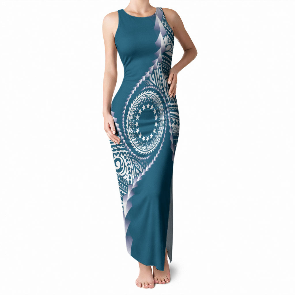 Cook Islands Gospel Day Tank Maxi Dress Blue Tribal Curves LT05 Women Blue - Polynesian Pride