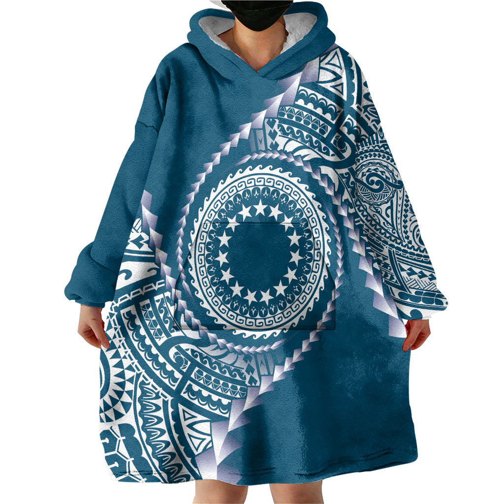 Cook Islands Gospel Day Wearable Blanket Hoodie Blue Tribal Curves