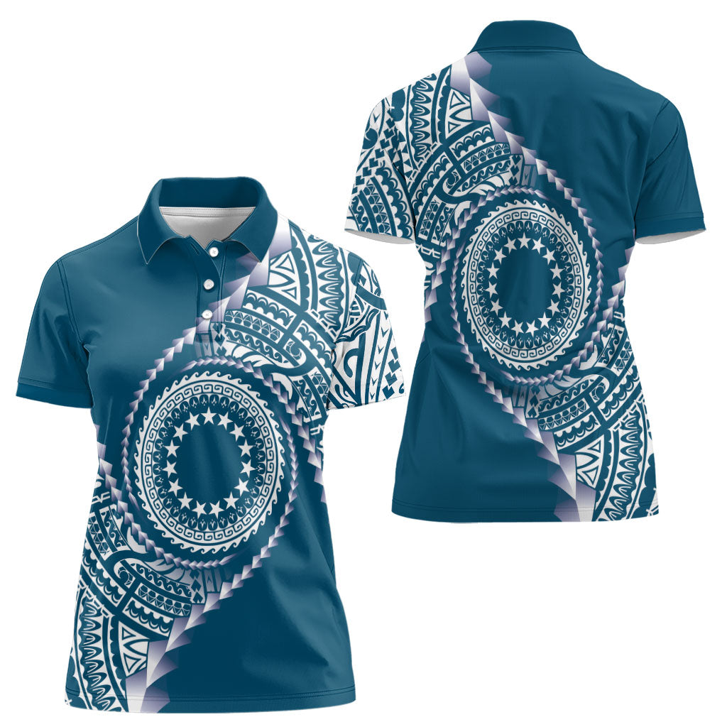 Cook Islands Gospel Day Women Polo Shirt Blue Tribal Curves