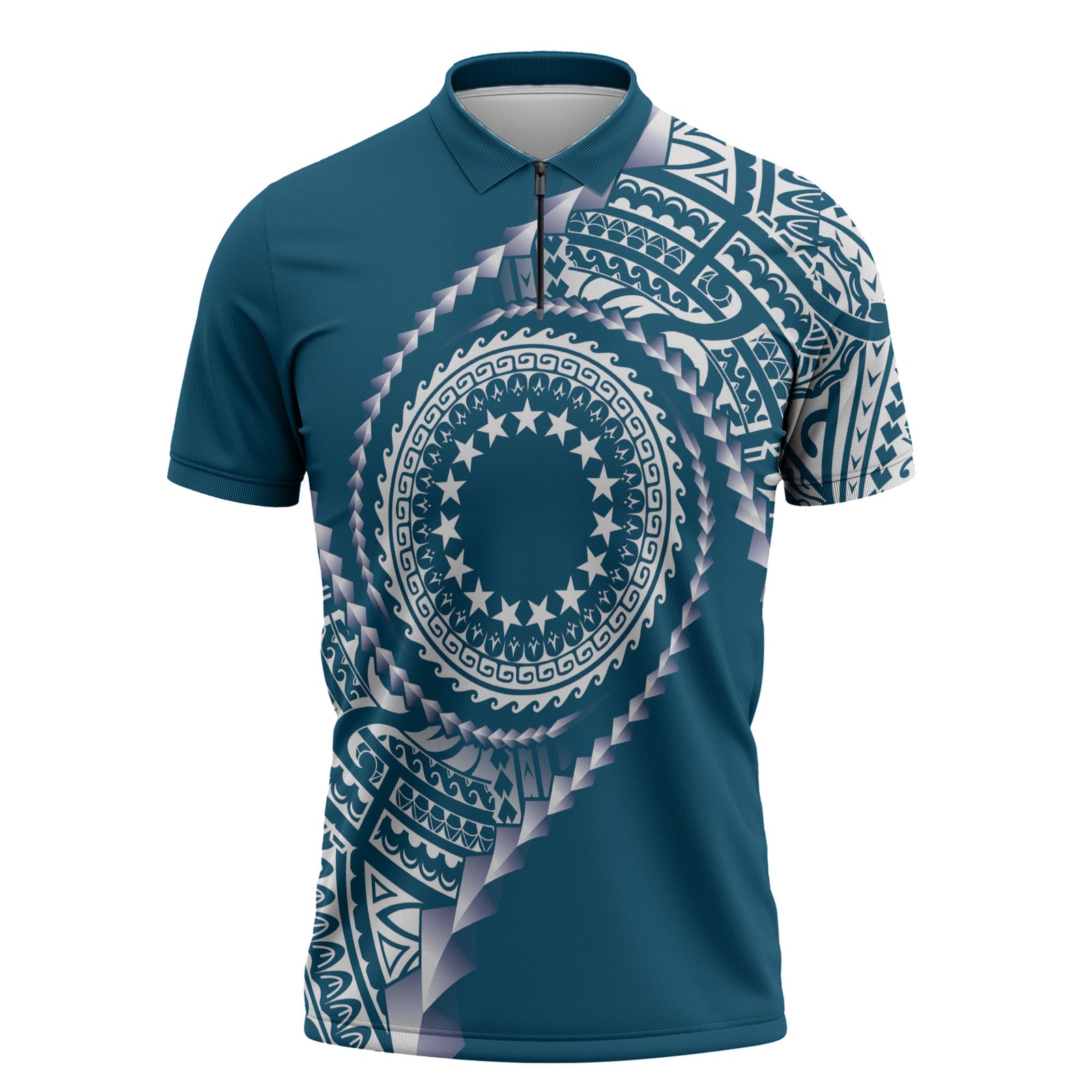 Cook Islands Gospel Day Zipper Polo Shirt Blue Tribal Curves LT05 Blue - Polynesian Pride