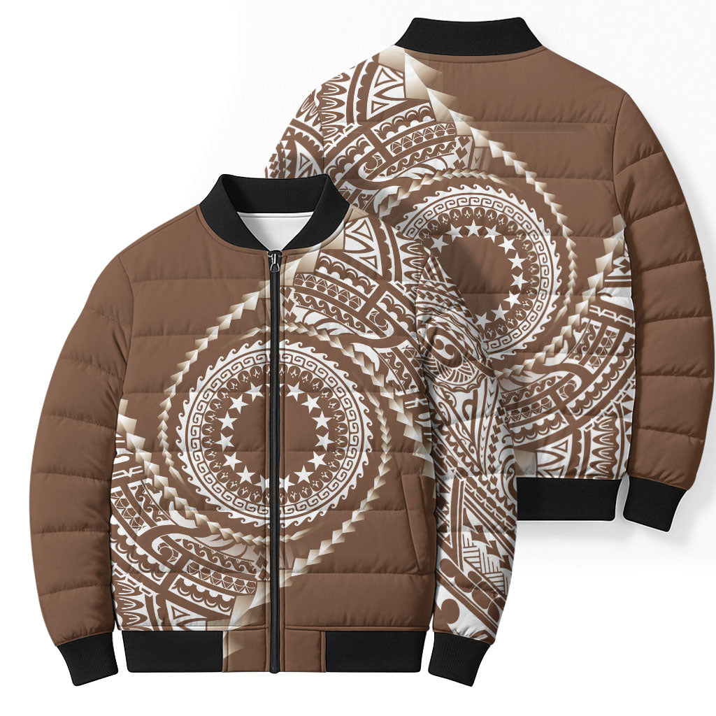 Cook Islands Gospel Day Bomber Puffer Jacket Brown Tribal Curves