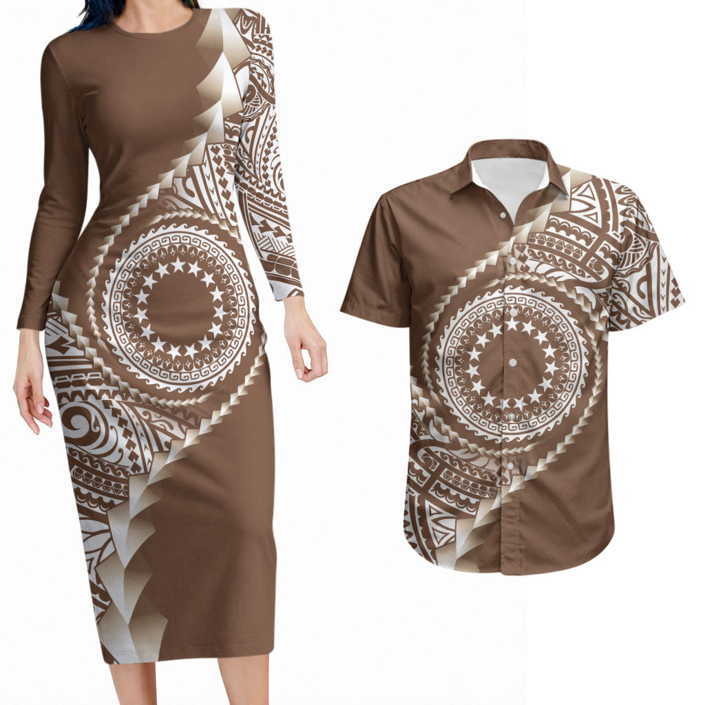 Cook Islands Gospel Day Couples Matching Long Sleeve Bodycon Dress and Hawaiian Shirt Brown Tribal Curves LT05 Brown - Polynesian Pride