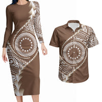 Cook Islands Gospel Day Couples Matching Long Sleeve Bodycon Dress and Hawaiian Shirt Brown Tribal Curves