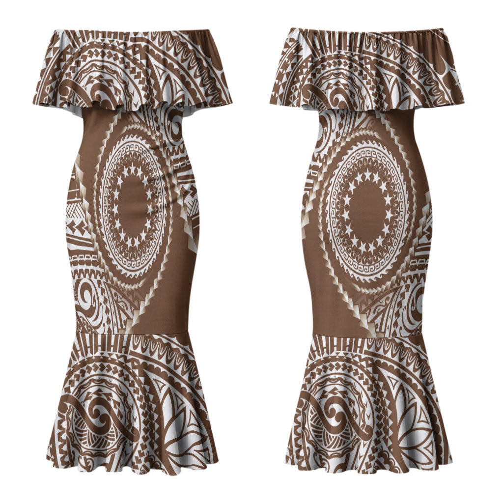 Cook Islands Gospel Day Couples Matching Mermaid Dress and Long Sleeve Button Shirt Brown Tribal Curves