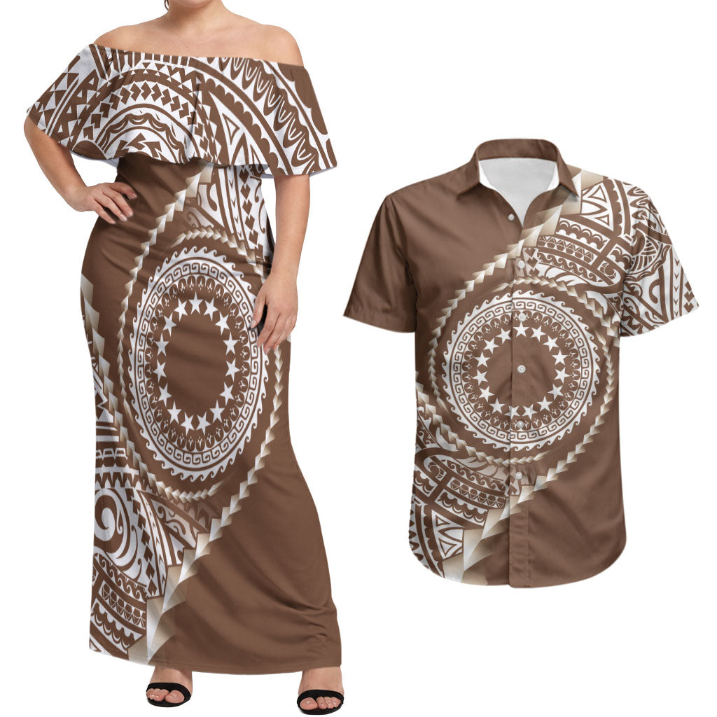 Cook Islands Gospel Day Couples Matching Off Shoulder Maxi Dress and Hawaiian Shirt Brown Tribal Curves LT05 Brown - Polynesian Pride