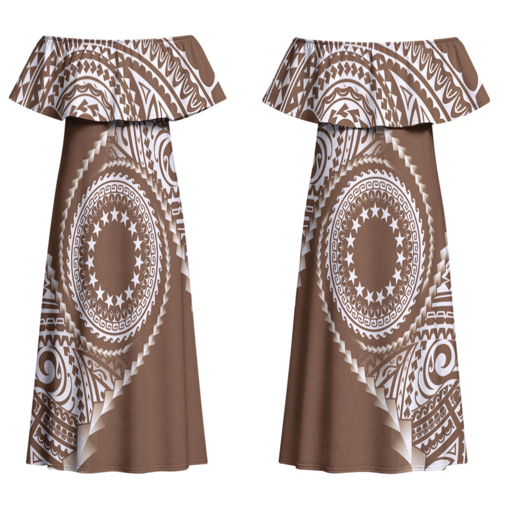 Cook Islands Gospel Day Couples Matching Off Shoulder Maxi Dress and Hawaiian Shirt Brown Tribal Curves