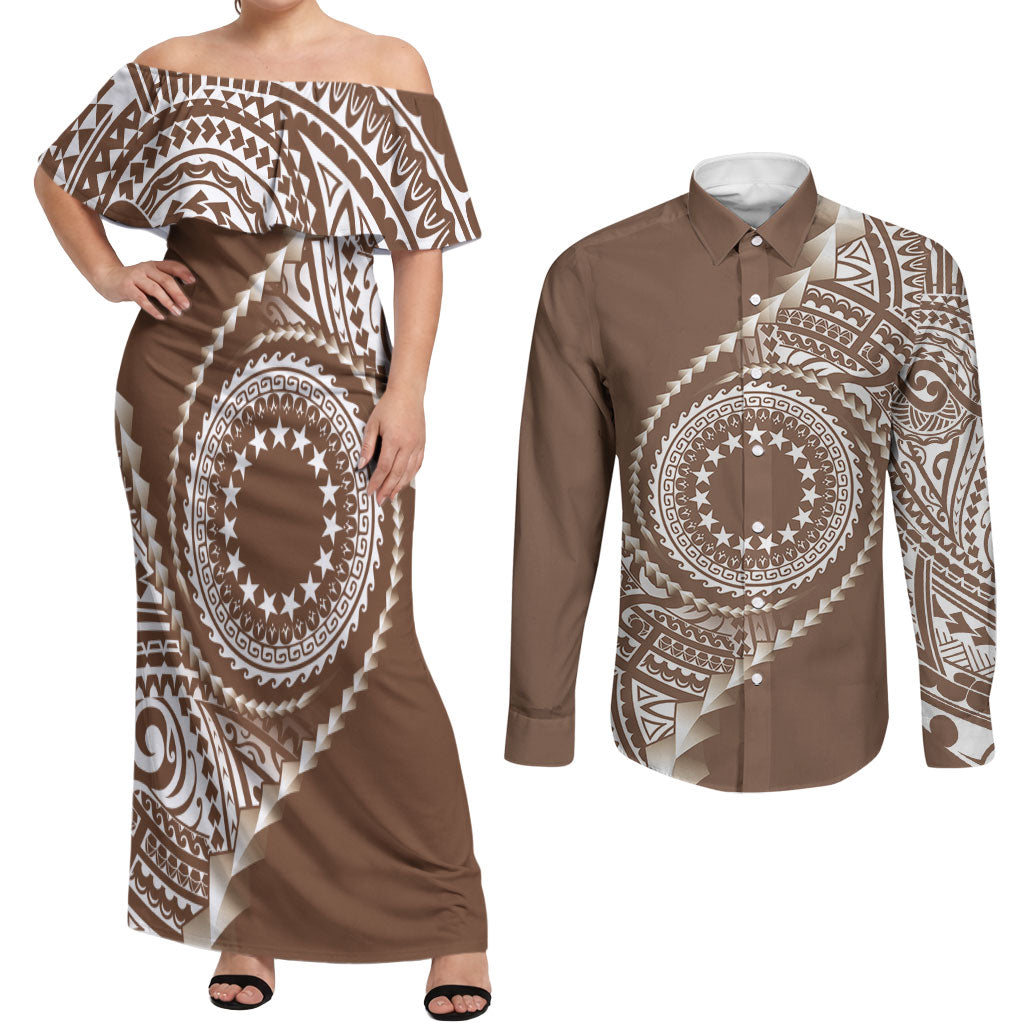 Cook Islands Gospel Day Couples Matching Off Shoulder Maxi Dress and Long Sleeve Button Shirt Brown Tribal Curves LT05 Brown - Polynesian Pride