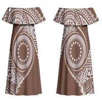 Cook Islands Gospel Day Couples Matching Off Shoulder Maxi Dress and Long Sleeve Button Shirt Brown Tribal Curves
