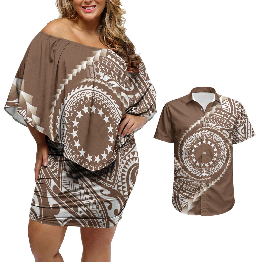 Cook Islands Gospel Day Couples Matching Off Shoulder Short Dress and Hawaiian Shirt Brown Tribal Curves