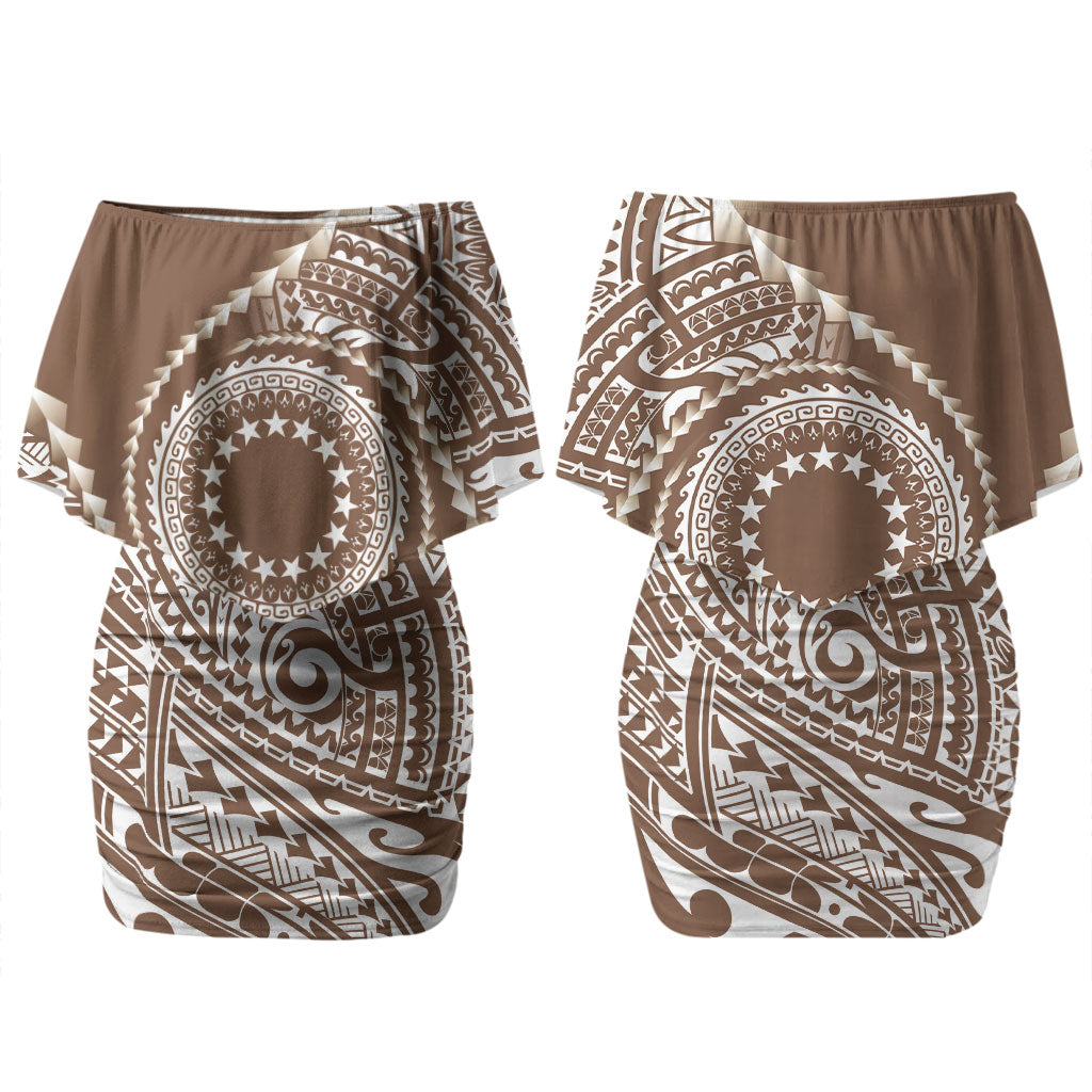 Cook Islands Gospel Day Couples Matching Off Shoulder Short Dress and Hawaiian Shirt Brown Tribal Curves