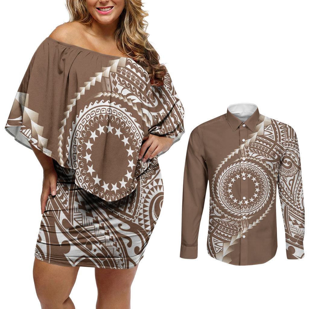 Cook Islands Gospel Day Couples Matching Off Shoulder Short Dress and Long Sleeve Button Shirt Brown Tribal Curves