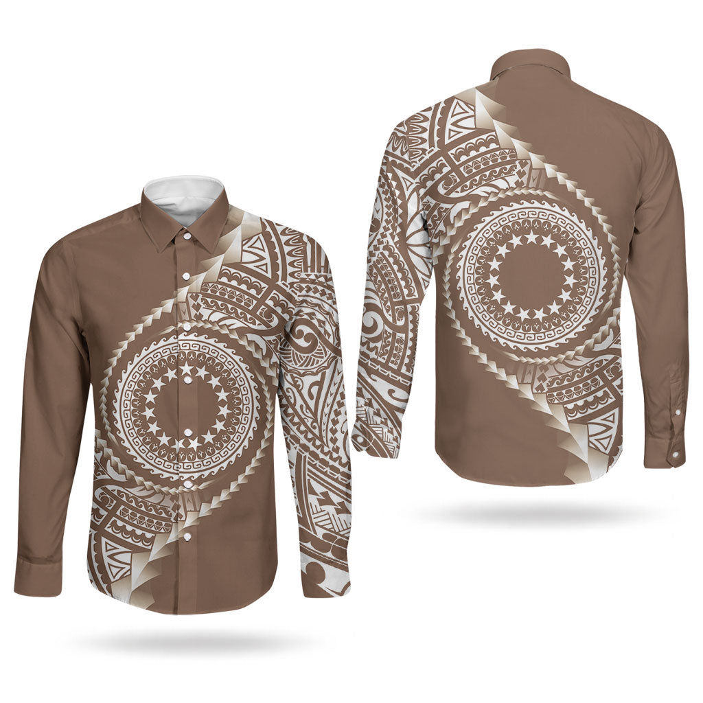 Cook Islands Gospel Day Couples Matching Off Shoulder Short Dress and Long Sleeve Button Shirt Brown Tribal Curves
