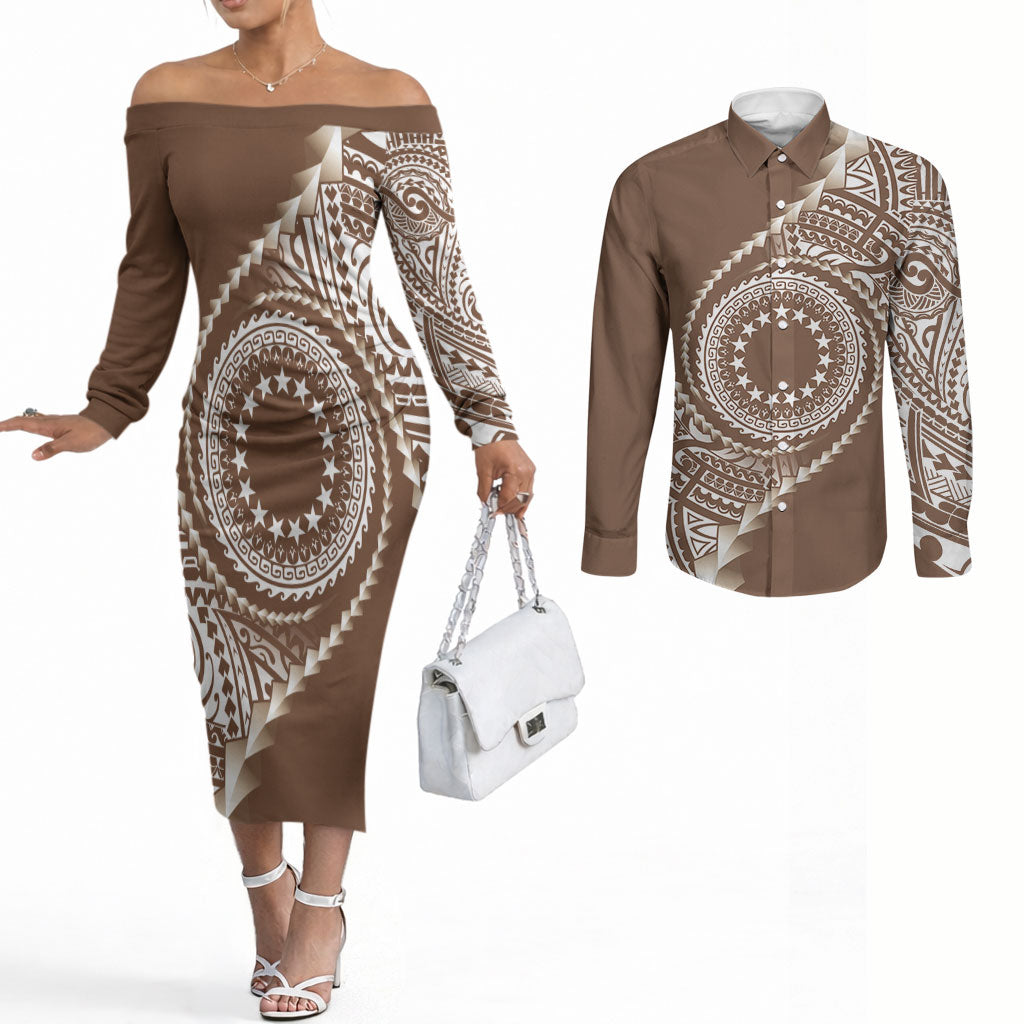 Cook Islands Gospel Day Couples Matching Off The Shoulder Long Sleeve Dress and Long Sleeve Button Shirt Brown Tribal Curves