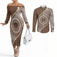 Cook Islands Gospel Day Couples Matching Off The Shoulder Long Sleeve Dress and Long Sleeve Button Shirt Brown Tribal Curves