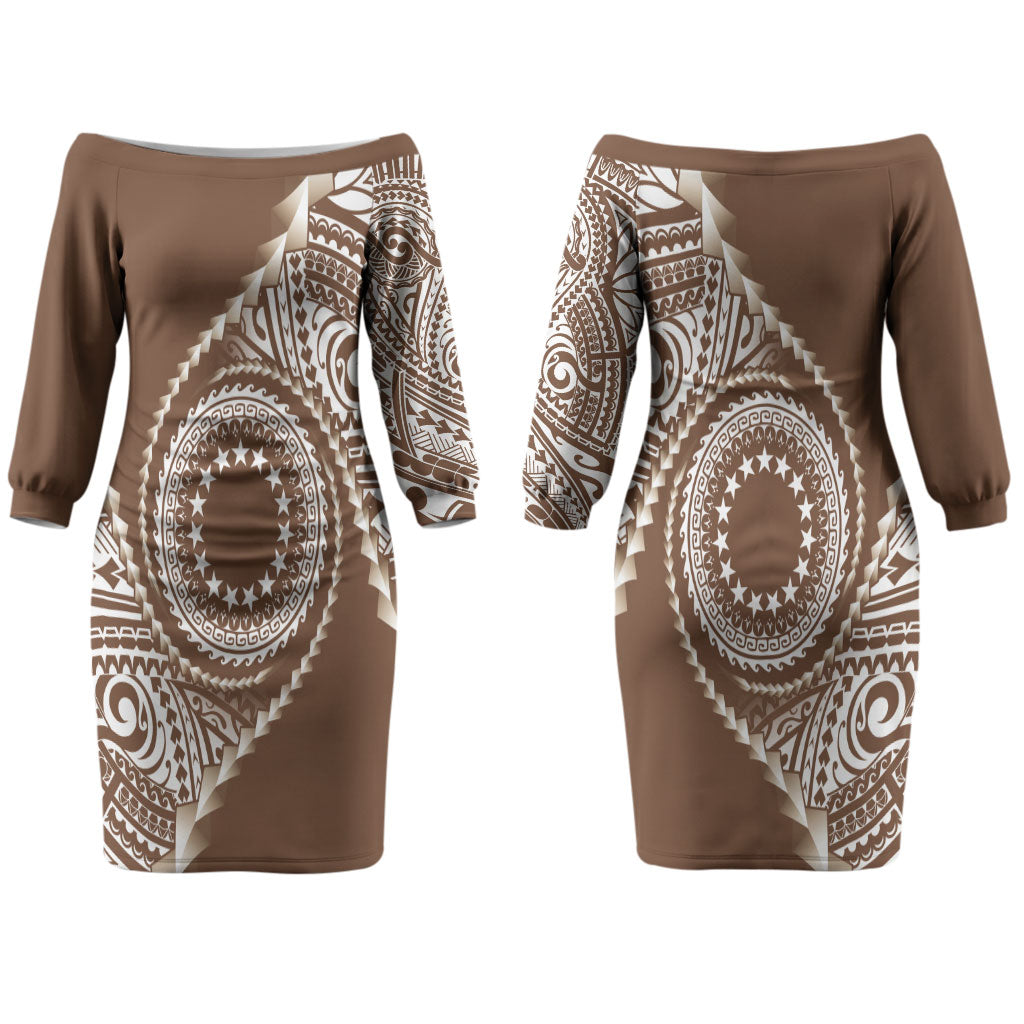 Cook Islands Gospel Day Couples Matching Off The Shoulder Long Sleeve Dress and Long Sleeve Button Shirt Brown Tribal Curves