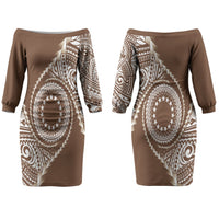 Cook Islands Gospel Day Couples Matching Off The Shoulder Long Sleeve Dress and Long Sleeve Button Shirt Brown Tribal Curves