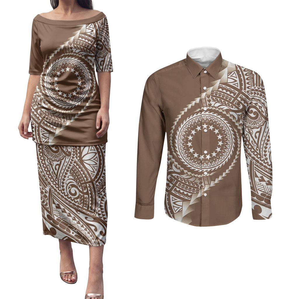 Cook Islands Gospel Day Couples Matching Puletasi and Long Sleeve Button Shirt Brown Tribal Curves LT05 Brown - Polynesian Pride