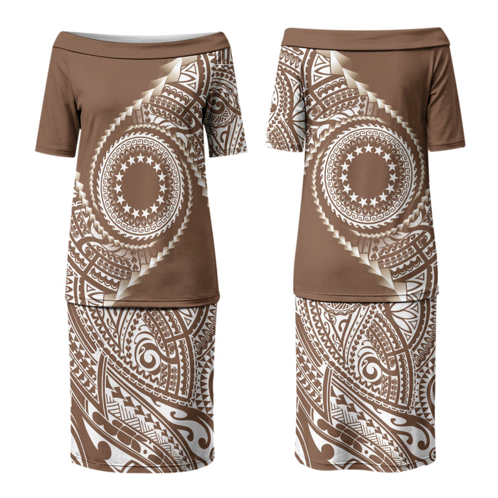 Cook Islands Gospel Day Couples Matching Puletasi and Long Sleeve Button Shirt Brown Tribal Curves