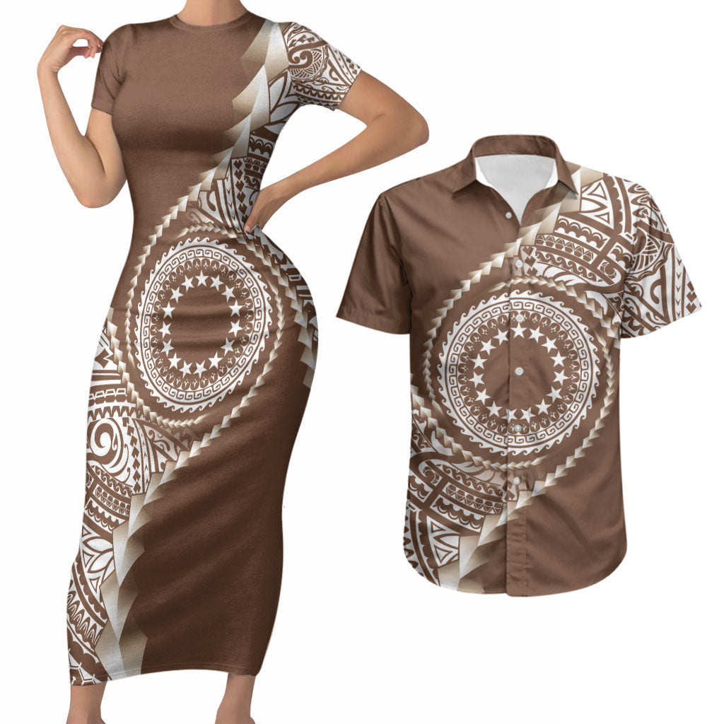 Cook Islands Gospel Day Couples Matching Short Sleeve Bodycon Dress and Hawaiian Shirt Brown Tribal Curves LT05 Brown - Polynesian Pride