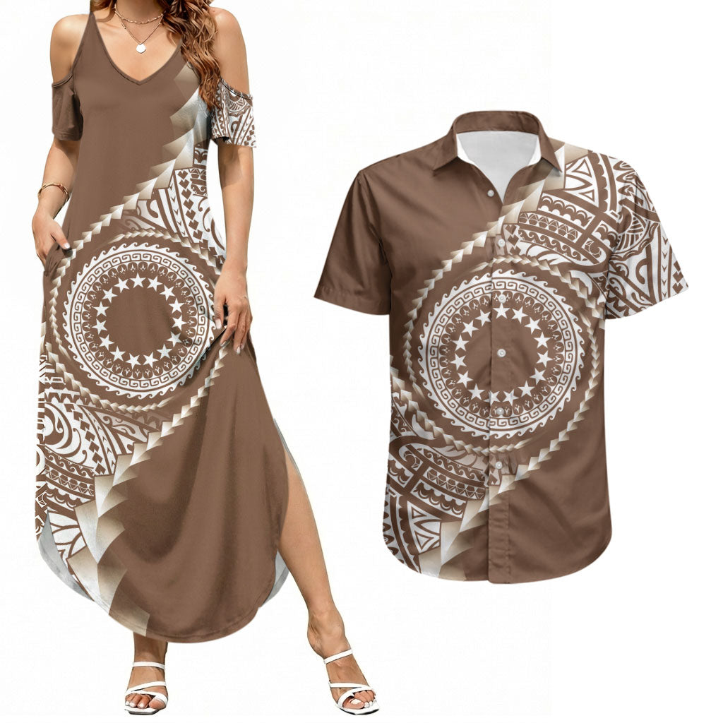 Cook Islands Gospel Day Couples Matching Summer Maxi Dress and Hawaiian Shirt Brown Tribal Curves