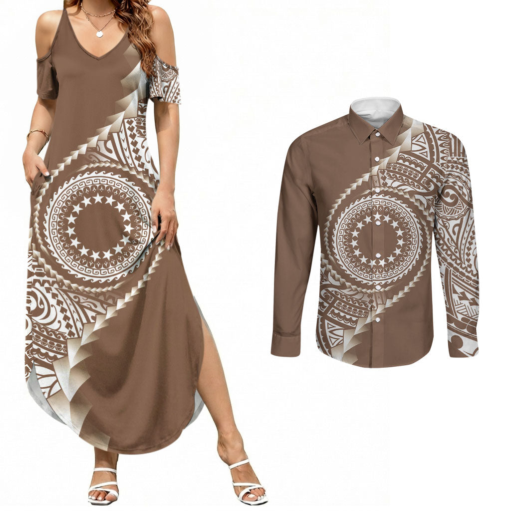 Cook Islands Gospel Day Couples Matching Summer Maxi Dress and Long Sleeve Button Shirt Brown Tribal Curves