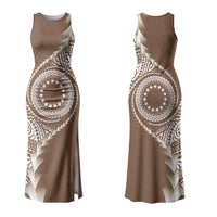 Cook Islands Gospel Day Couples Matching Tank Maxi Dress and Long Sleeve Button Shirt Brown Tribal Curves