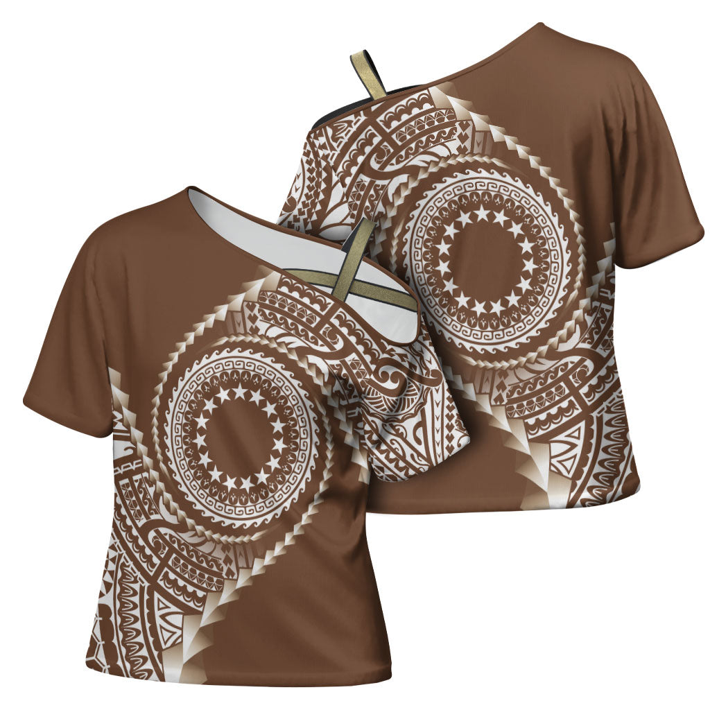 Cook Islands Gospel Day Cross Shoulder Shirt Brown Tribal Curves