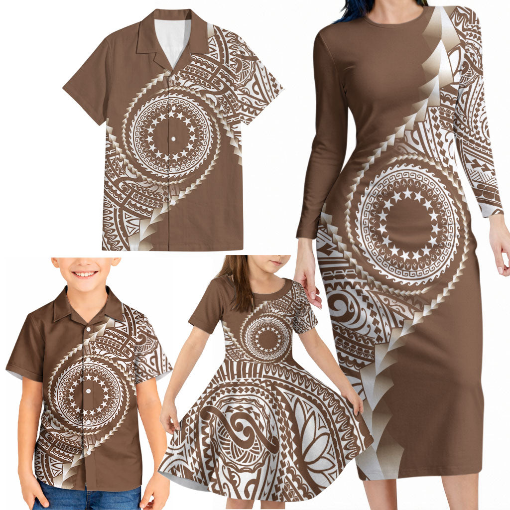 Cook Islands Gospel Day Family Matching Long Sleeve Bodycon Dress and Hawaiian Shirt Brown Tribal Curves LT05 - Polynesian Pride