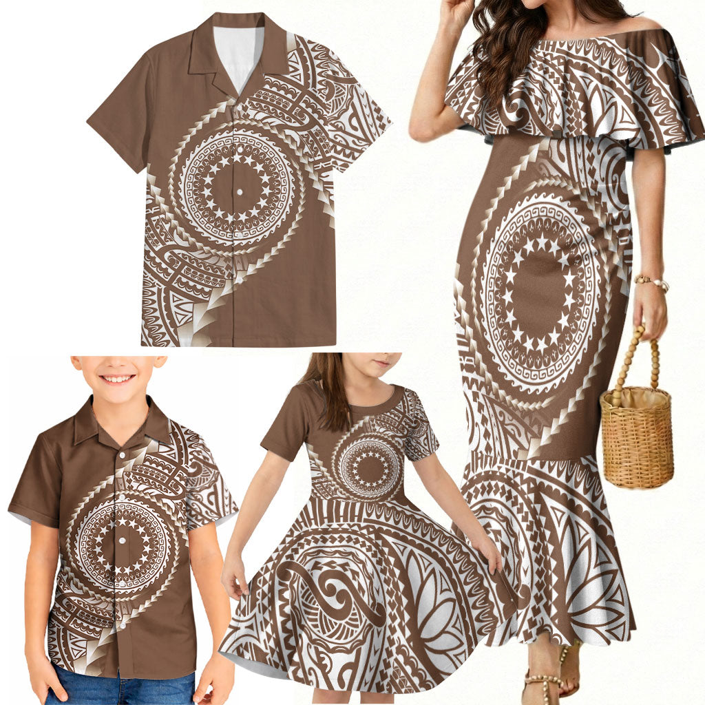 Cook Islands Gospel Day Family Matching Mermaid Dress and Hawaiian Shirt Brown Tribal Curves LT05 - Polynesian Pride